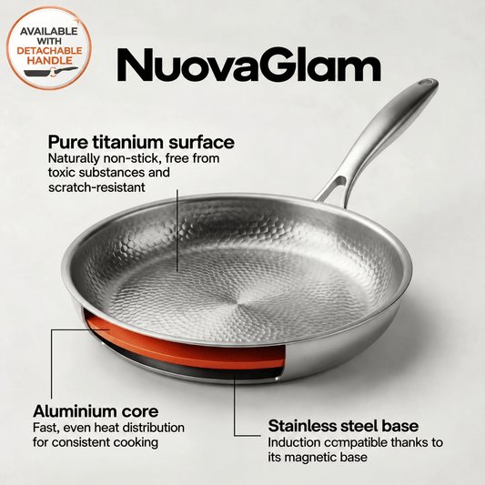 NuovaGlam titanium pan construction: titanium surface, aluminium core and stainless steel base